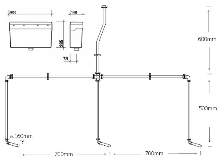 Concealed Urinal Cistern With Pipework Kit For 3 Urinals