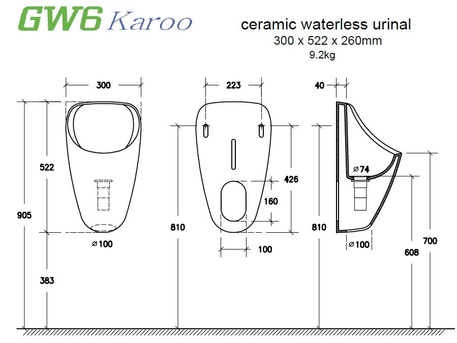 GW6 Karoo Ceramic Waterless Urinal Bowl